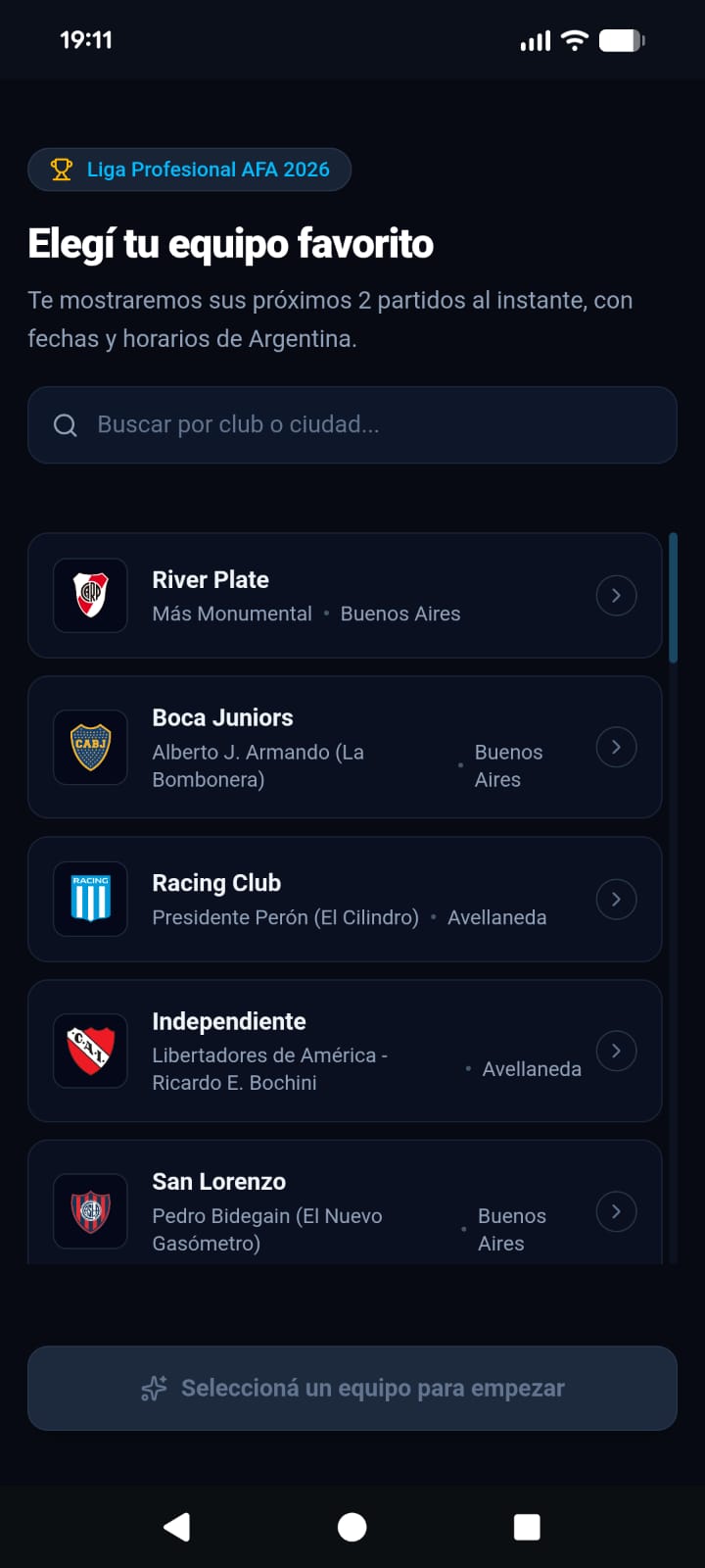 Mi Equipo LPF team selection interface