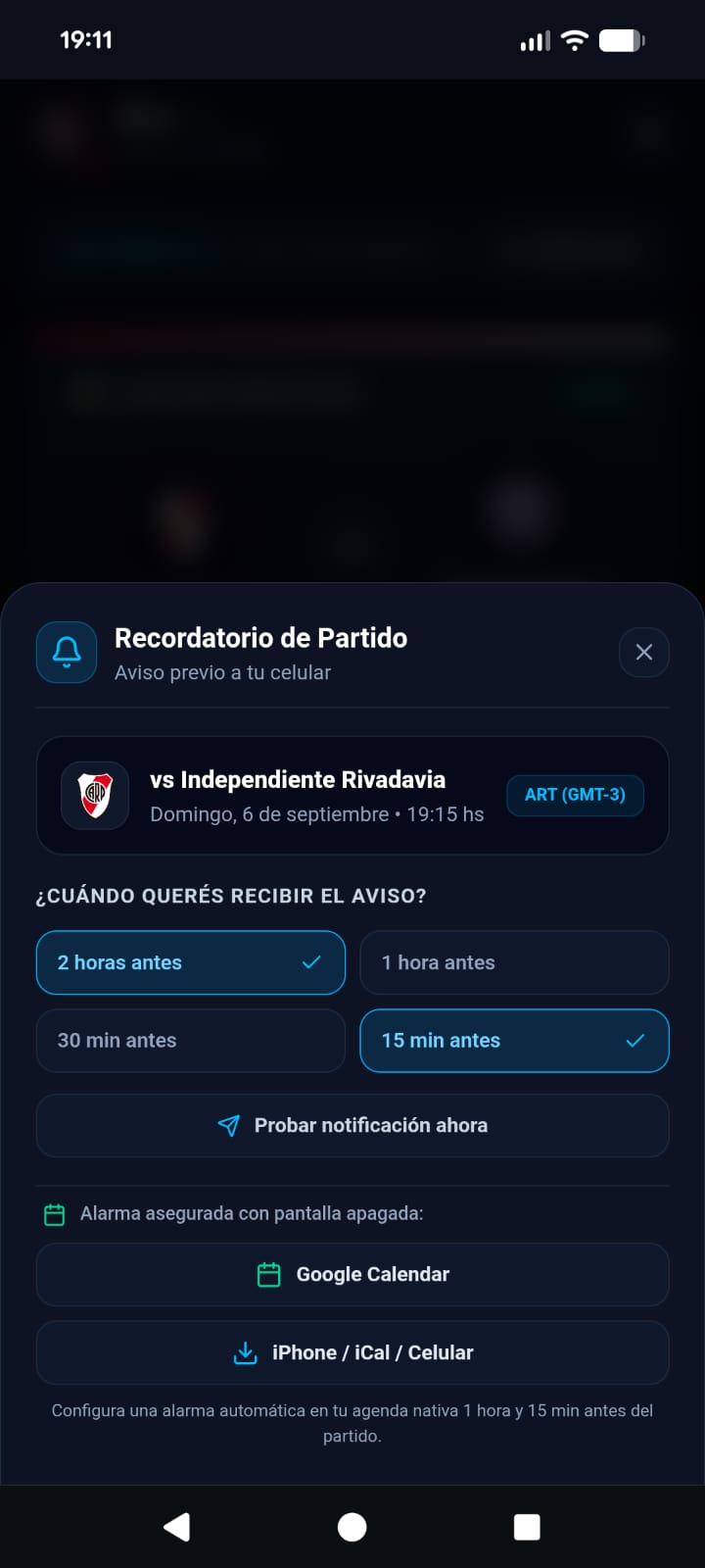 Mi Equipo LPF match reminder settings